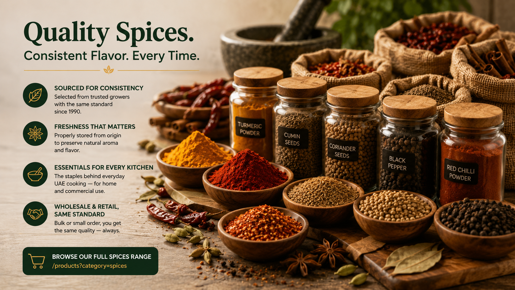 Assorted whole and ground spices from Al Jazeera Foods