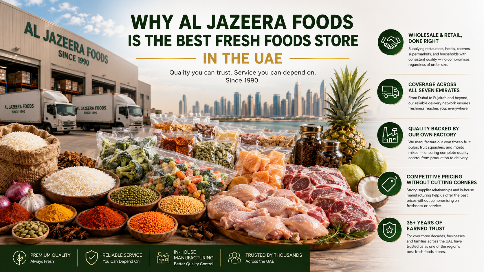 Fresh produce and packaged food display at Al Jazeera Foods