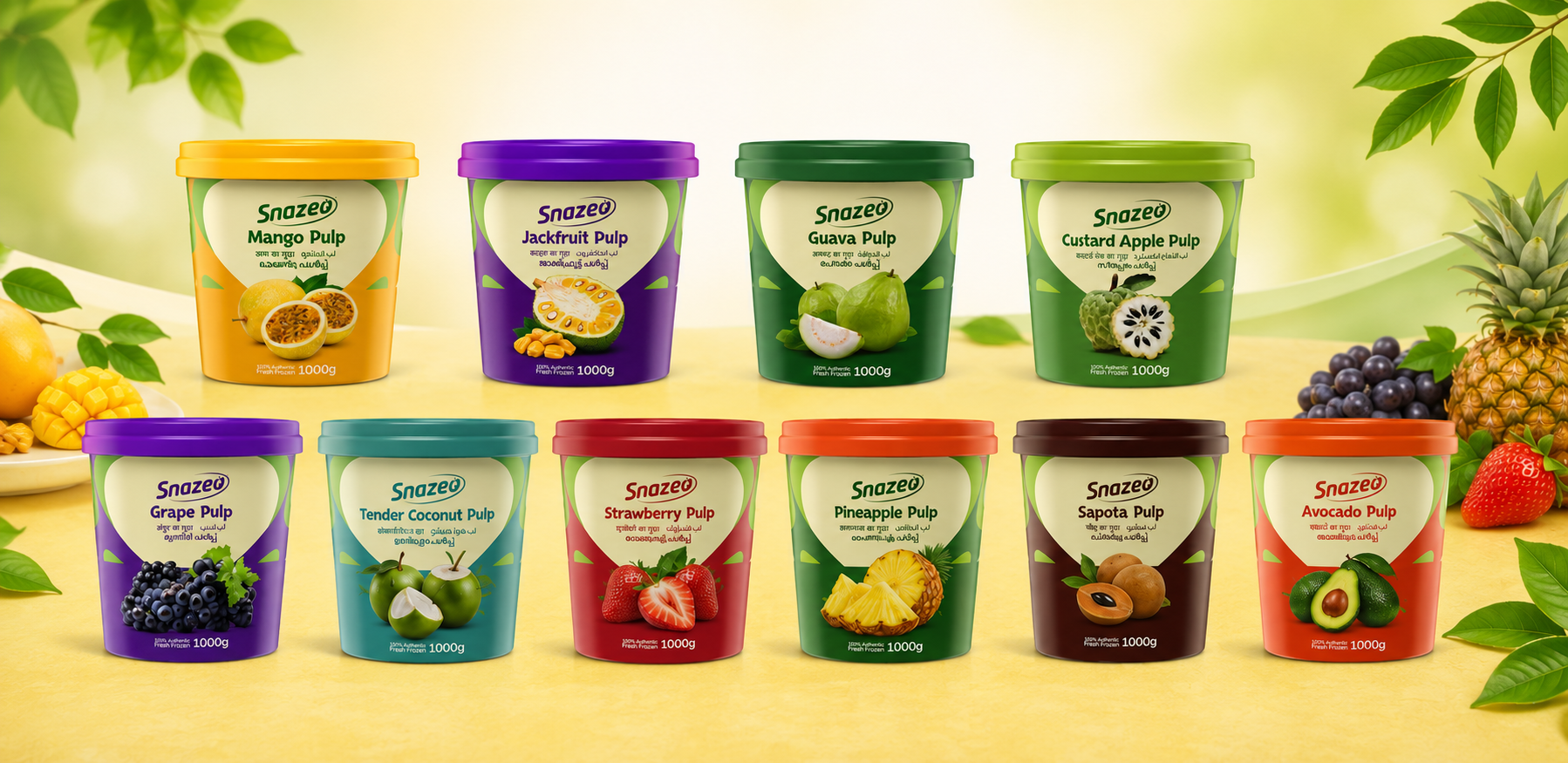 Frozen fruit pulp and fruit squash bottles from Al Jazeera Foods