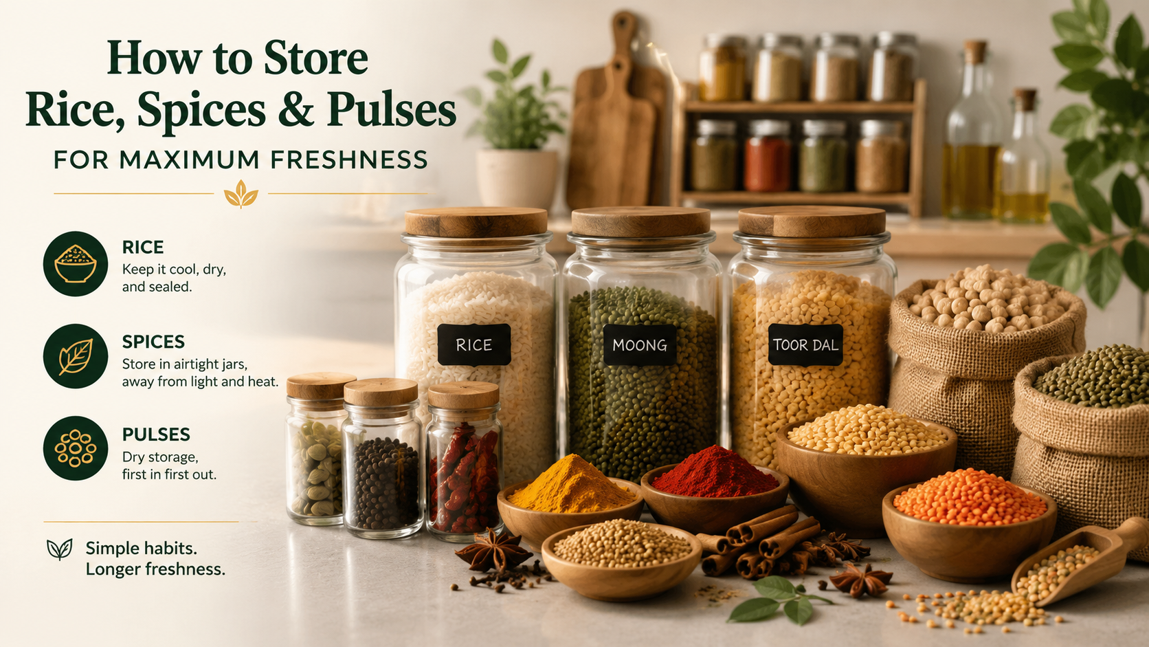 Glass jars of stored rice, spices and pulses in a pantry