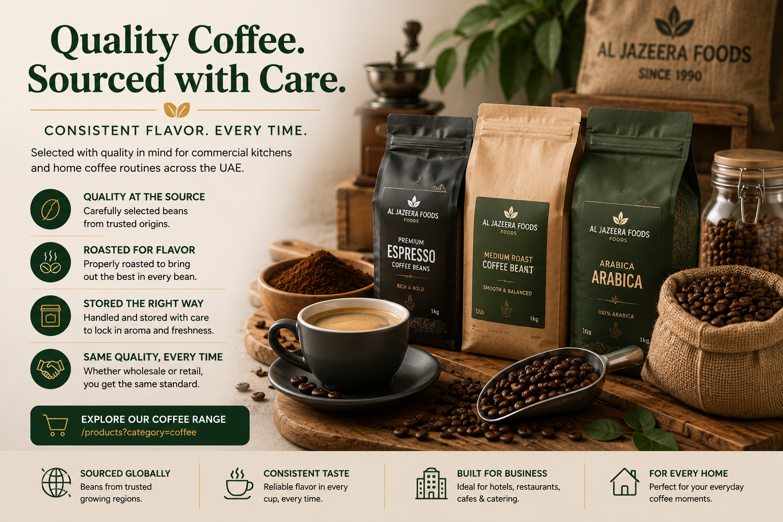 Coffee beans and packaged coffee from Al Jazeera Foods